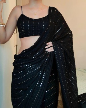 Beautiful Embroidery Georgette Black Saree